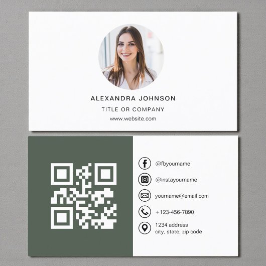Carte de visite moderne vert sauge avec code QR et