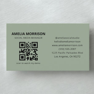 Carte de visite moderne verte sauge QR Code minima