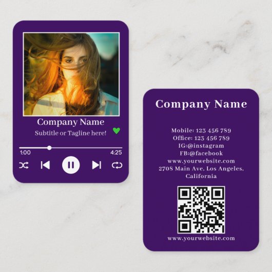 Carte De Visite Moderne violet QR Code Music Player Chanson Photo (Devant / Derrière)