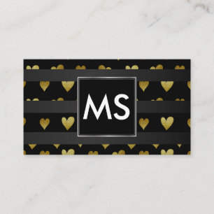 Carte De Visite Monogram   Cœurs Dorés   Rayures