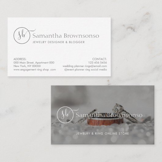 Carte De Visite Monogram Diamond Rings and Pearls Mariage Website (Devant / Derrière)