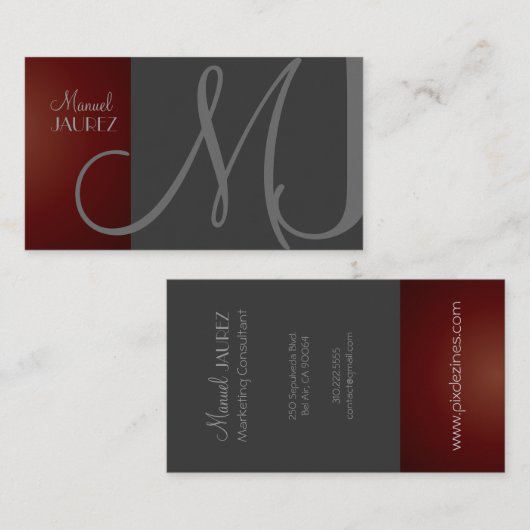 Carte De Visite MONOGRAM En couleurs rétro/Graphite+Maroon (Devant / Derrière)