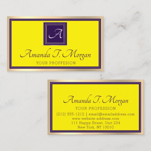 Carte De Visite Monogram Event Planner Gold Frame violet jaune (Devant / Derrière)