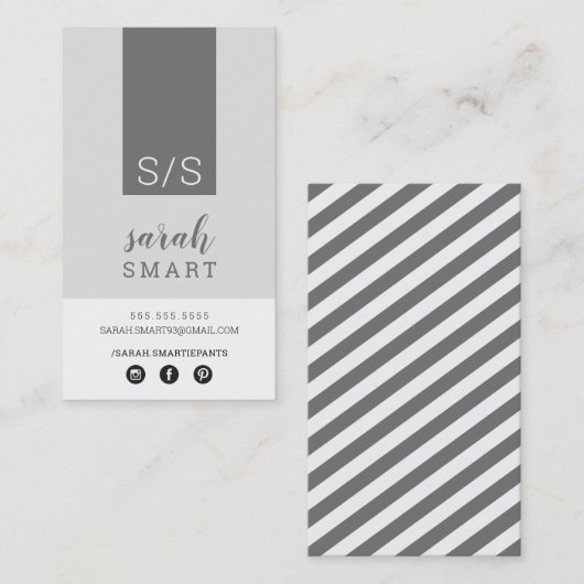 Carte De Visite MONOGRAM INITIALES, onglet gris monochrome moderne (Devant / Derrière)