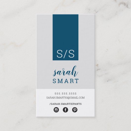 Carte De Visite MONOGRAM INITIALS, onglet marine moderne gris blan (Devant)