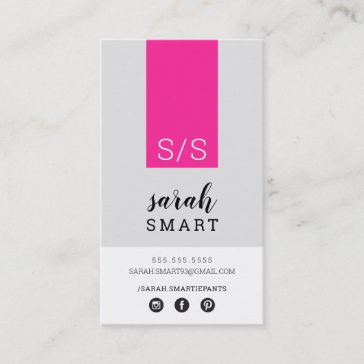 Carte De Visite MONOGRAM INITIALS, onglet moderne noir rose gris (Devant)