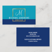 Carte De Visite MONOGRAM LOGO boîte moderne en or chic aqua marine (Devant / Derrière)