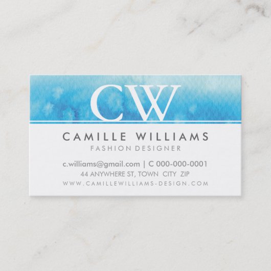 Carte De Visite MONOGRAM LOGO whimsical ombre aquarelle aqua bleu (Devant)