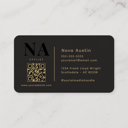 Carte De Visite Monogram Luxe Tendance Aesthétique Or Black QR Cod (Dos)