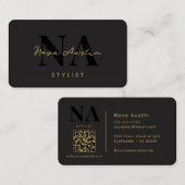 Carte De Visite Monogram Luxe Tendance Aesthétique Or Black QR Cod (Devant / Derrière)