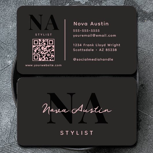 Carte De Visite Monogram Luxe Tendance Esthétique Code QR Rose Noi