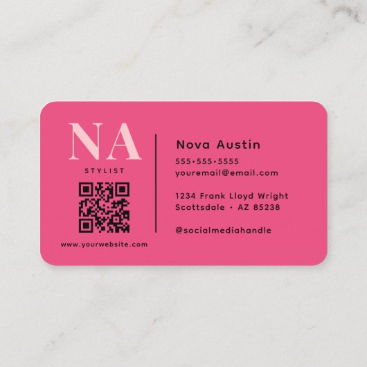 Carte De Visite Monogram Luxe Tendance esthétique Hot Pink QR Code (Dos)