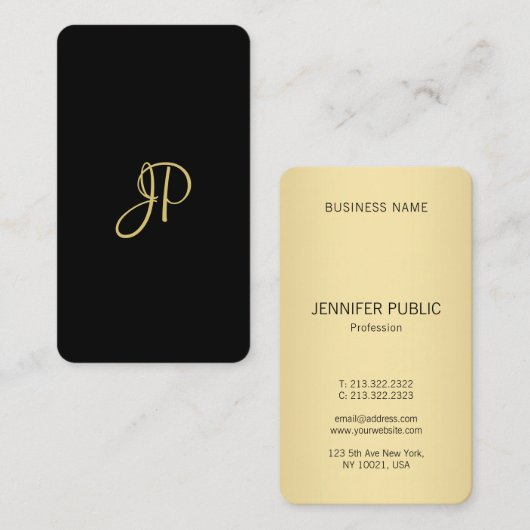 Carte De Visite Monogram Modèle tendance élégant Black Gold modern (Devant / Derrière)