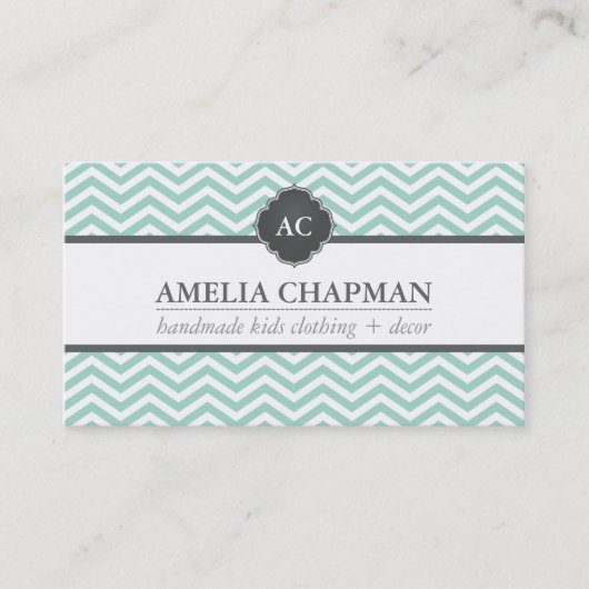 Carte De Visite MONOGRAM moderne chevron motif menthe vert gris (Devant)