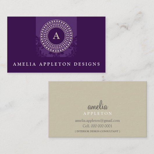 Carte De Visite MONOGRAM moderne élégant et élégant rotor violet t (Devant / Derrière)