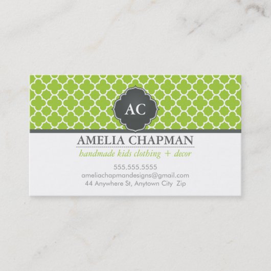 Carte De Visite MONOGRAM morrocan carrelage motif citron vert gris (Devant)