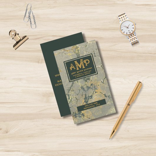 Carte De Visite Monogramme à 3 lettres d'or et vert