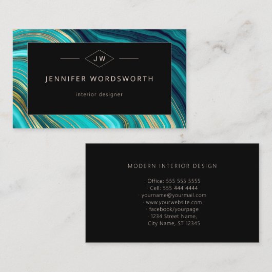 Carte De Visite Monogramme Aquarelle Géode Vert Agate Malachite (Devant / Derrière)