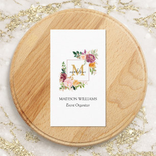 Carte De Visite Monogramme Aquarelle Roses Colorées Fleur Floral