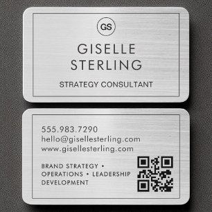 Carte De Visite Monogramme argent brossé moderne Code QR