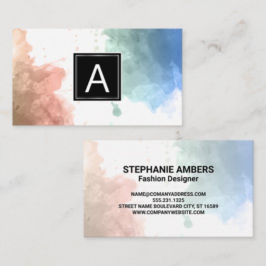 Carte De Visite Monogramme | Arrière - plan aquarelle (Devant / Derrière)