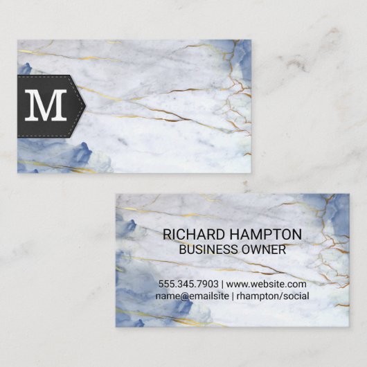 Carte De Visite Monogramme | Arrière - plan en marbre bleu (Devant / Derrière)