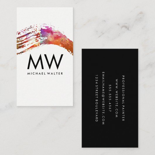 Carte De Visite Monogramme avec aquarelle moderne brossé (Devant / Derrière)