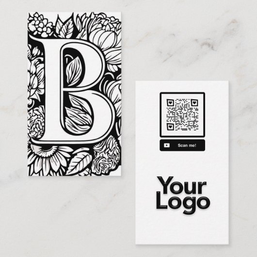 Carte De Visite Monogramme B Noir et blanc Floral QR Code Logo (Devant / Derrière)