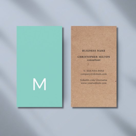 Carte De Visite Monogramme blanc bleu Kraft imprimé moderne