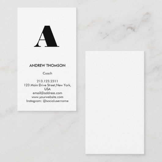 Carte De Visite Monogramme blanc massif moderne vertical (Devant / Derrière)