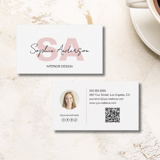 Carte De Visite Monogramme blanc rose moderne