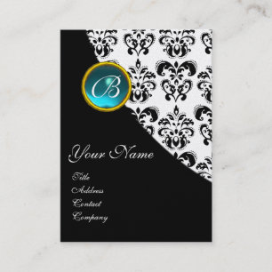 Carte De Visite MONOGRAMME BLEU AQUAMARINE DAMASK, argent turquase