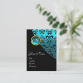 Carte De Visite MONOGRAMME BLEU AQUAMARINE DAMASK, turquase (Debout devant)