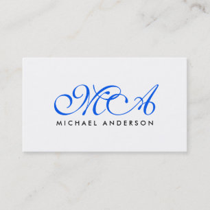 Carte De Visite Monogramme bleu foncé Élégant Script blanc clair