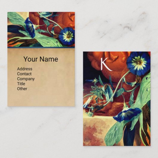 CARTE DE VISITE MONOGRAMME BLEU MATIN GLORIES FLORAL PARCHMENT MON (Devant / Derrière)