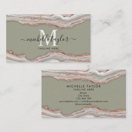 Carte De Visite Monogramme Boho Earth Tones Agate Sage Green (Devant / Derrière)