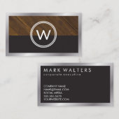 Carte De Visite Monogramme bois deux tons | Bordure métallique (Devant / Derrière)