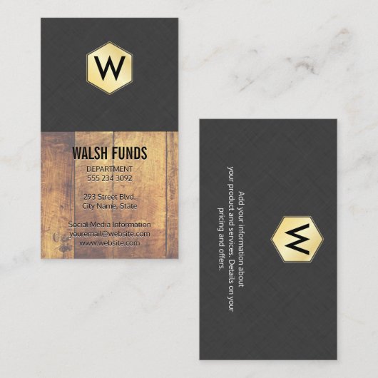 Carte De Visite Monogramme | Bois | Lin | Doré (Devant / Derrière)