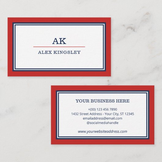 Carte De Visite Monogrammé bordure rouge bleu (Devant / Derrière)