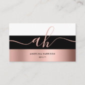 Carte De Visite Monogramme Calligraphie noir blanc Rose or rayures (Devant)