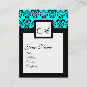 Carte De Visite MONOGRAMME CARRÉ DAMASK CLASSIQUE, turquase bleue