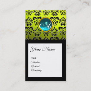 Carte De Visite MONOGRAMME CARRÉ de DAMASSÉ, jaune bleu vert bleu