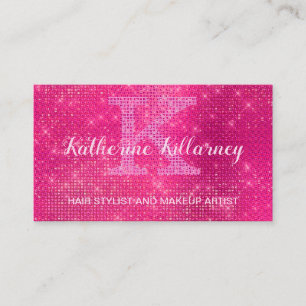 Carte De Visite Monogramme chic brillant rose-chaud de la fillette