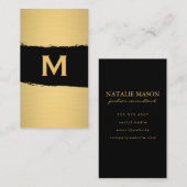 Carte De Visite Monogramme chic sur noir/or brossé (Devant / Derrière)