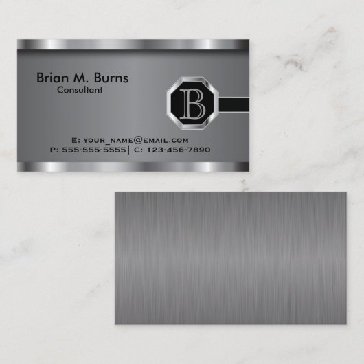 Carte De Visite Monogramme Chrome en acier noir exécutif (Devant / Derrière)
