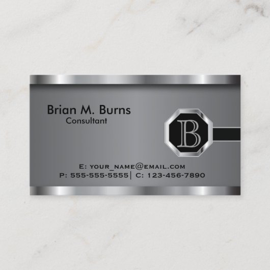 Carte De Visite Monogramme Chrome en acier noir exécutif (Devant)