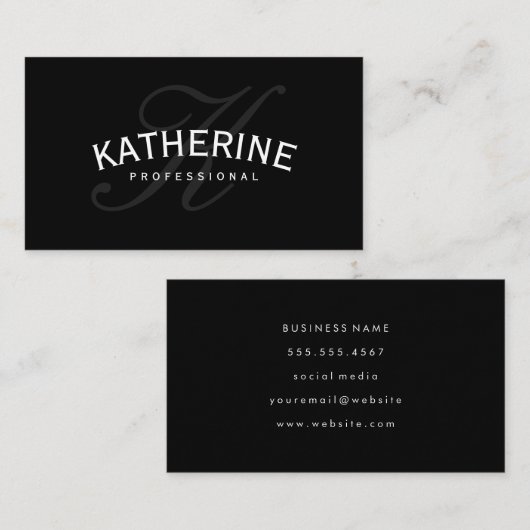 Carte De Visite Monogramme classique noir avec texte arc (Devant / Derrière)