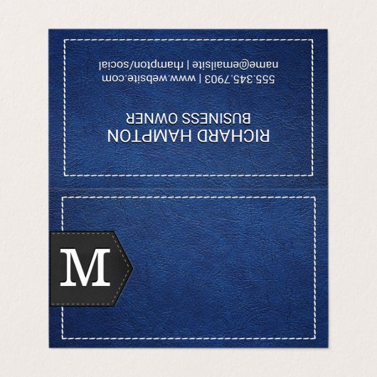 Carte De Visite Monogramme | Cuir bleu pointillé et Patch (Extérieur déplié)