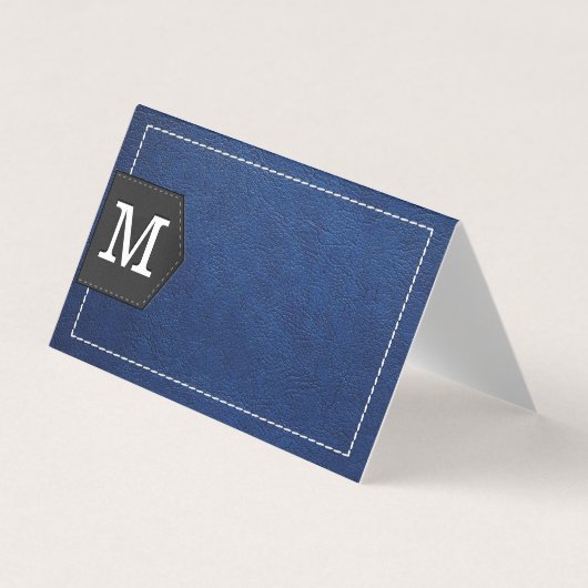 Carte De Visite Monogramme | Cuir bleu pointillé et Patch (Devant)