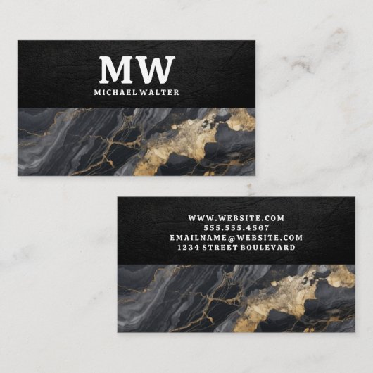 Carte De Visite Monogramme | Cuir | Texture de marbre (Devant / Derrière)